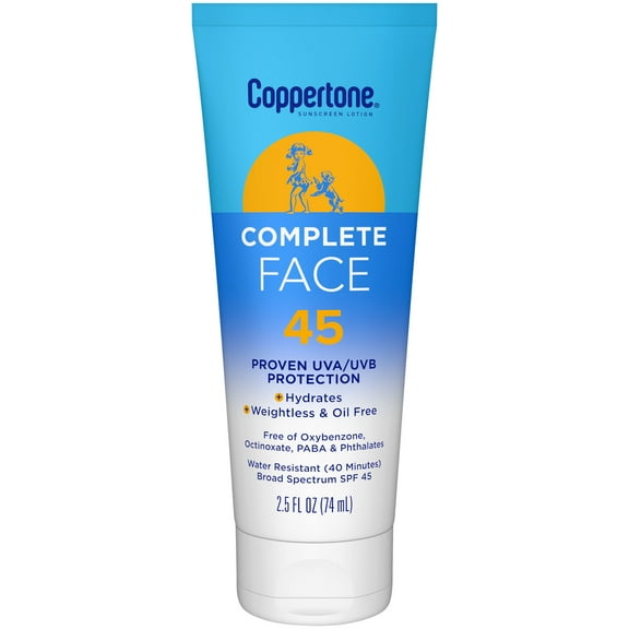 Coppertone Complete Face Sunscreen Lotion SPF 45, 2.5 fl oz Tube