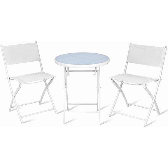 LEHOME 3 Pieces Folding Patio Bistro Set, No Assembly Required, Outdoor Folding Chairs & Table Set with Tempered Glass Tabletop, Outdoor Furniture Set for Garden, Poolside & Backyard (White)