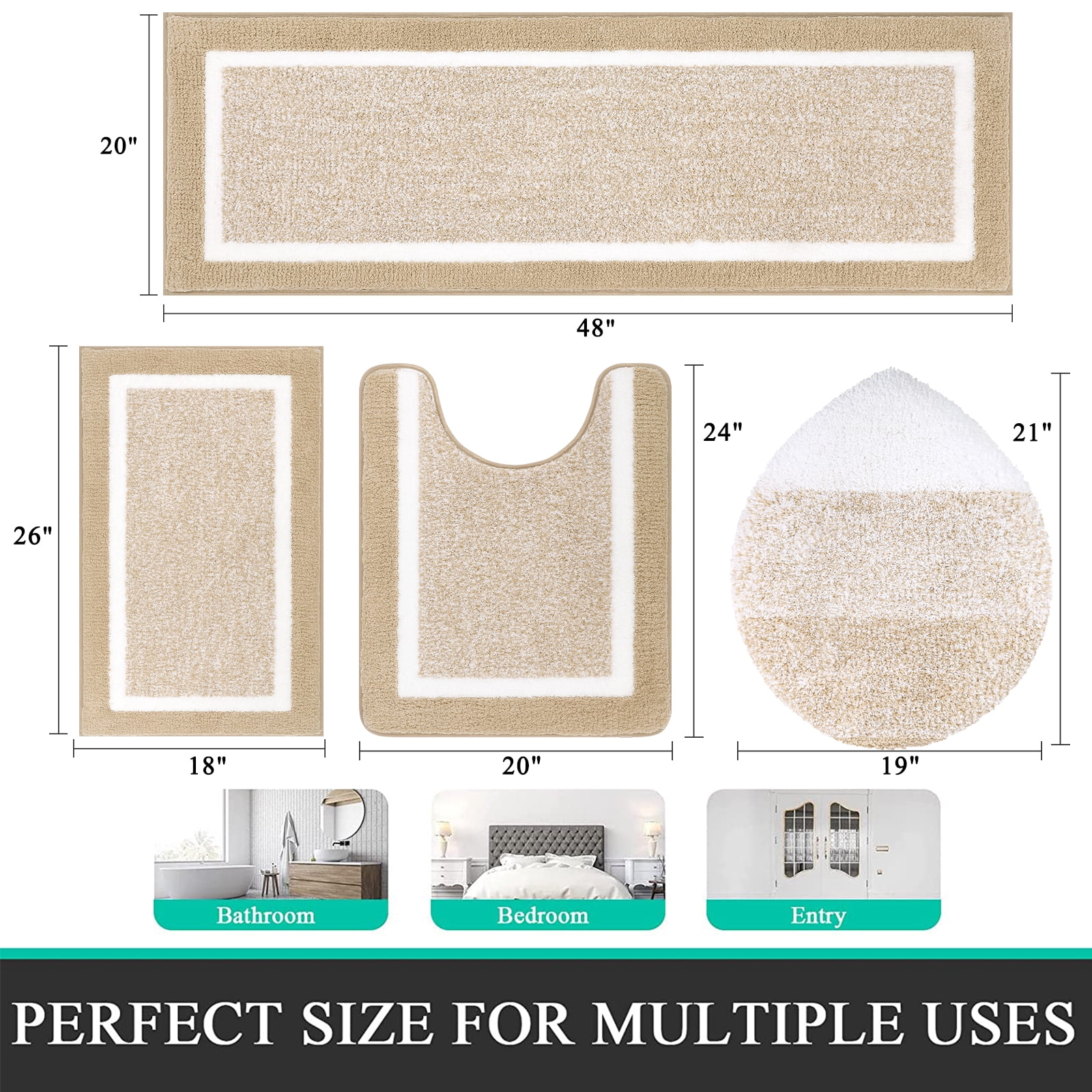 Ileading Bathroom Rugs Sets 4 Piece with Lid Cover Absorbent Microfiber Bathroom Shower Mat Set, Beige