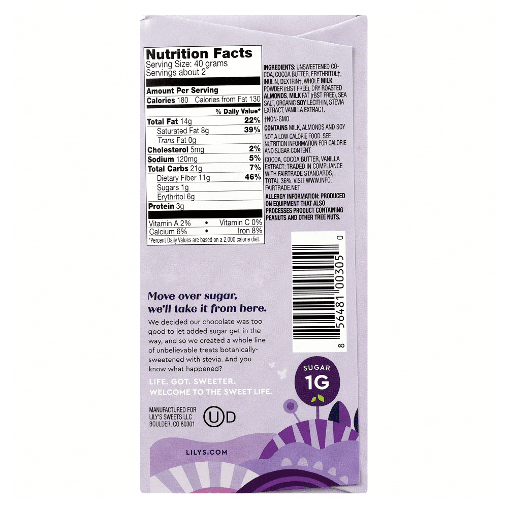 Lily's Sweets Salted Almond and Milk Chocolate Bar, 3 oz (Pack of 12)