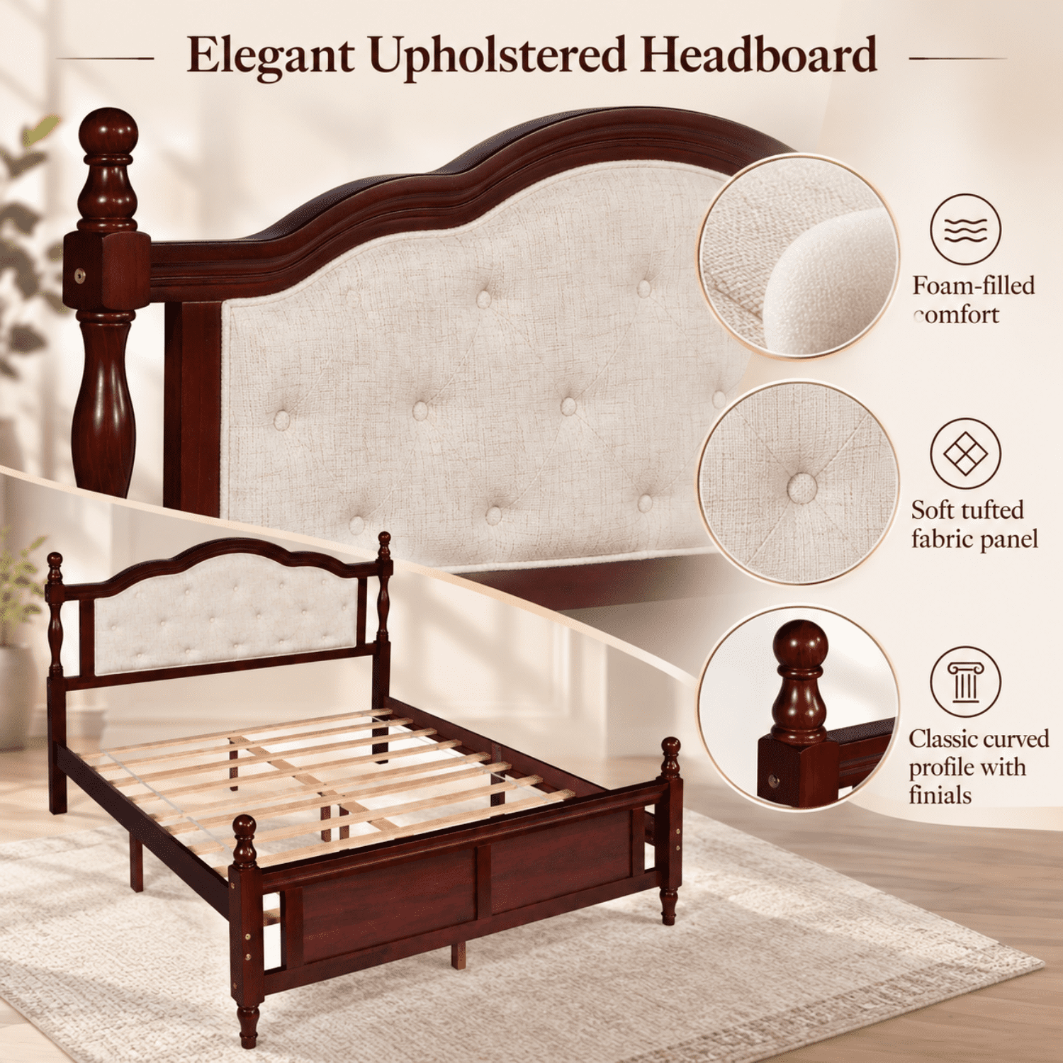 Miniyam Wood Queen Size Bed with Tufted Upholstered Headboard for Adult, Cherry