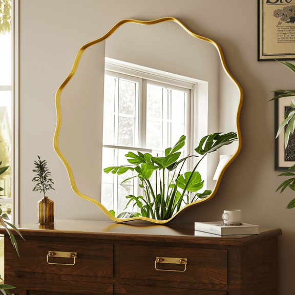 GRAHMCY 24" Wavy Round Bathroom Mirror Decorative Wall Mirror With Deep Frame, Gold