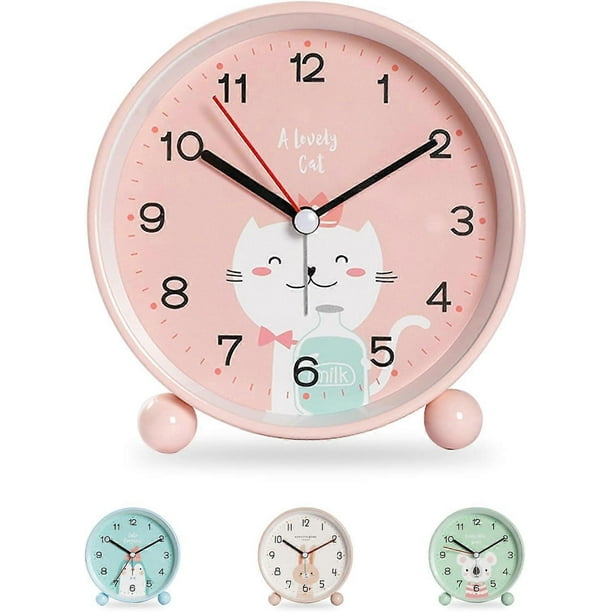 Educational Kids Alarm Clock - Day/Night, Children's Alarm Clock Non-Ticking Analog Alarm Clock Travel Alarm Clock(Pink Cat)