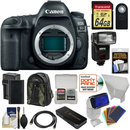 Canon EOS 5D Mark IV 4K Wi-Fi Digital SLR Camera Body with 64GB SD Card + Battery & Charger + Backpack + Flash + Reflector + Gel Filters +