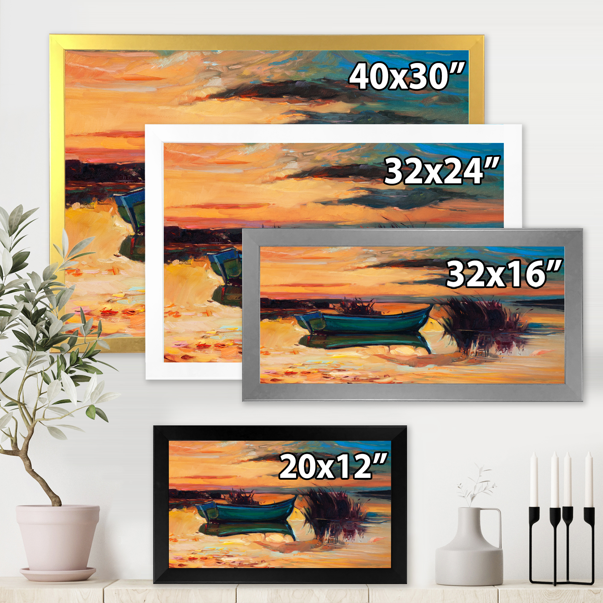 Boat At The Lake During Evening Glow I 32 in x 24 in Framed Painting Canvas Art Print, by Designart