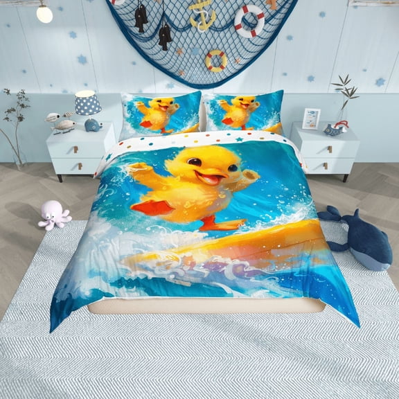 Erosebridal Yellow Duck Comforter Cover Twin,Ocean Surfing Bedding Twin Size,Kawaii Cartoon Duvet Cover Twin,Breathable Animal Bedroom Decorative,Reversible,2-Piece(No Comforter)