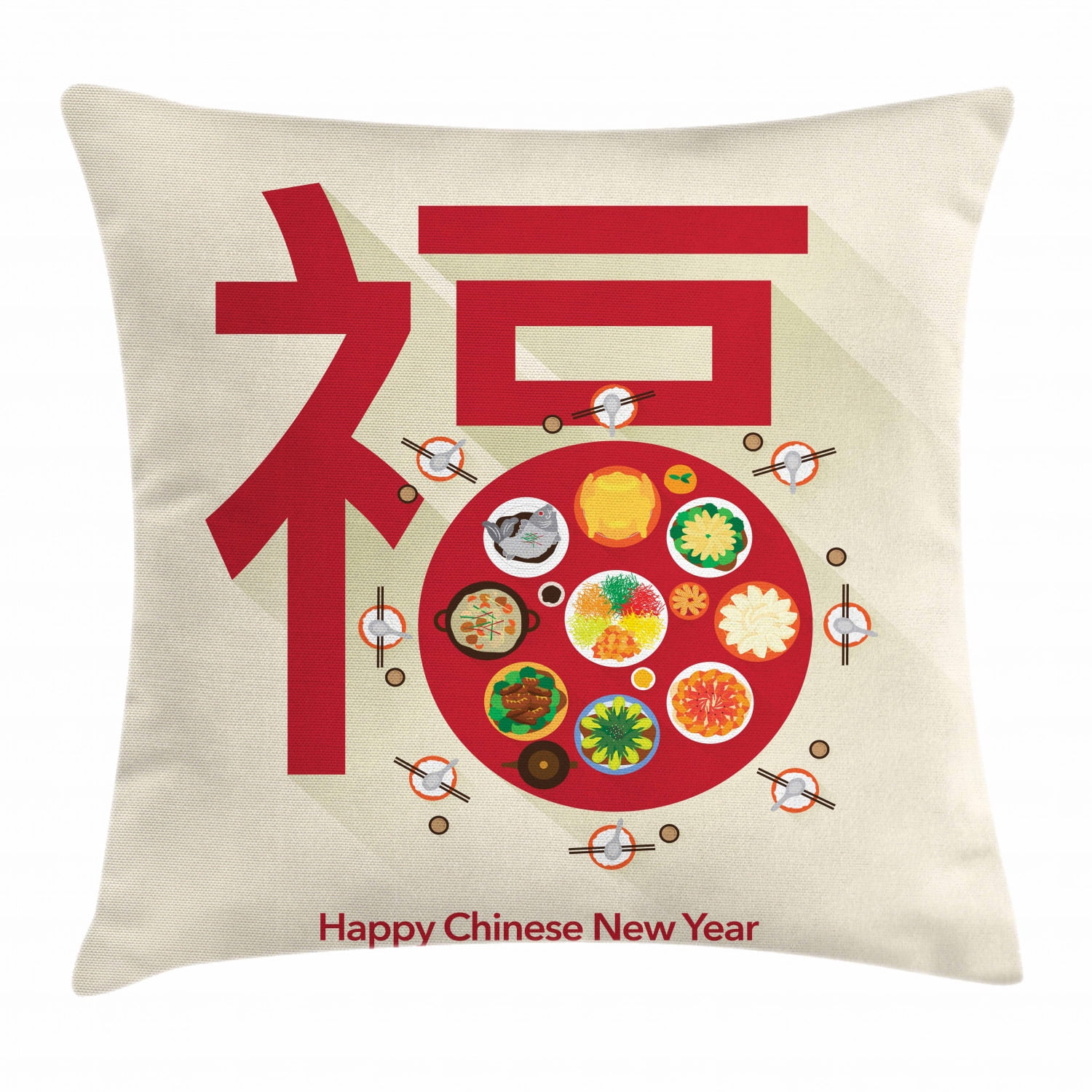 Chinese New Year Throw Pillow Cushion Cover, Festive Lunar Dinner Table