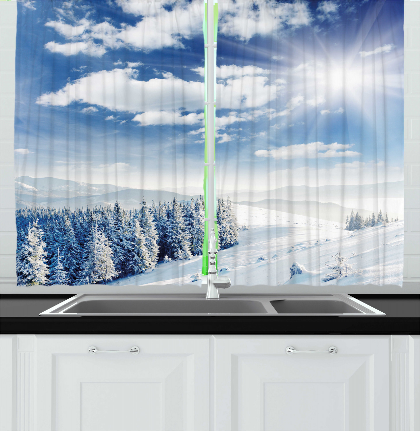 Winter Curtains 2 Panels Set, Idyllic Snow Covered Mountain Forest