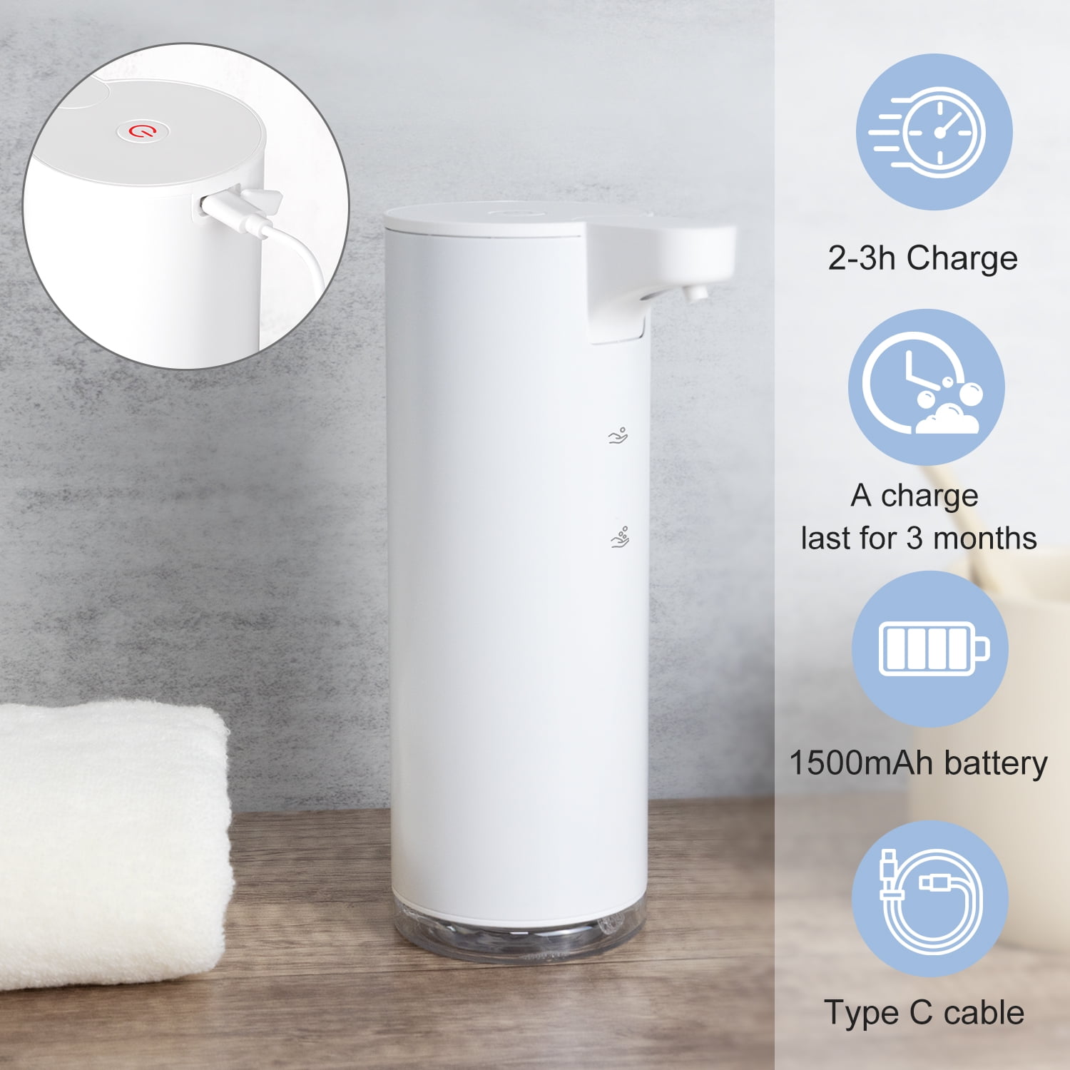 Automatic Foaming Soap Dispenser: Rechargeable Touchless Soap Dispenser Stainless Steel Foam Soap Dispenser for Bathroom Hand Soap Pump for Kitchen Xmas Gift, 9oz, White