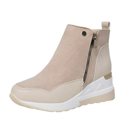 DVKOVI Botas Vaqueras Para Mujer Womens Ankle Cowboy Boots Women Shoes Thick Bottom Wedge Heel Casual Ankle Boots Fashionable Round Toe Side Zipper Short Boots Womens Wedge Dress Shoes Beige 42