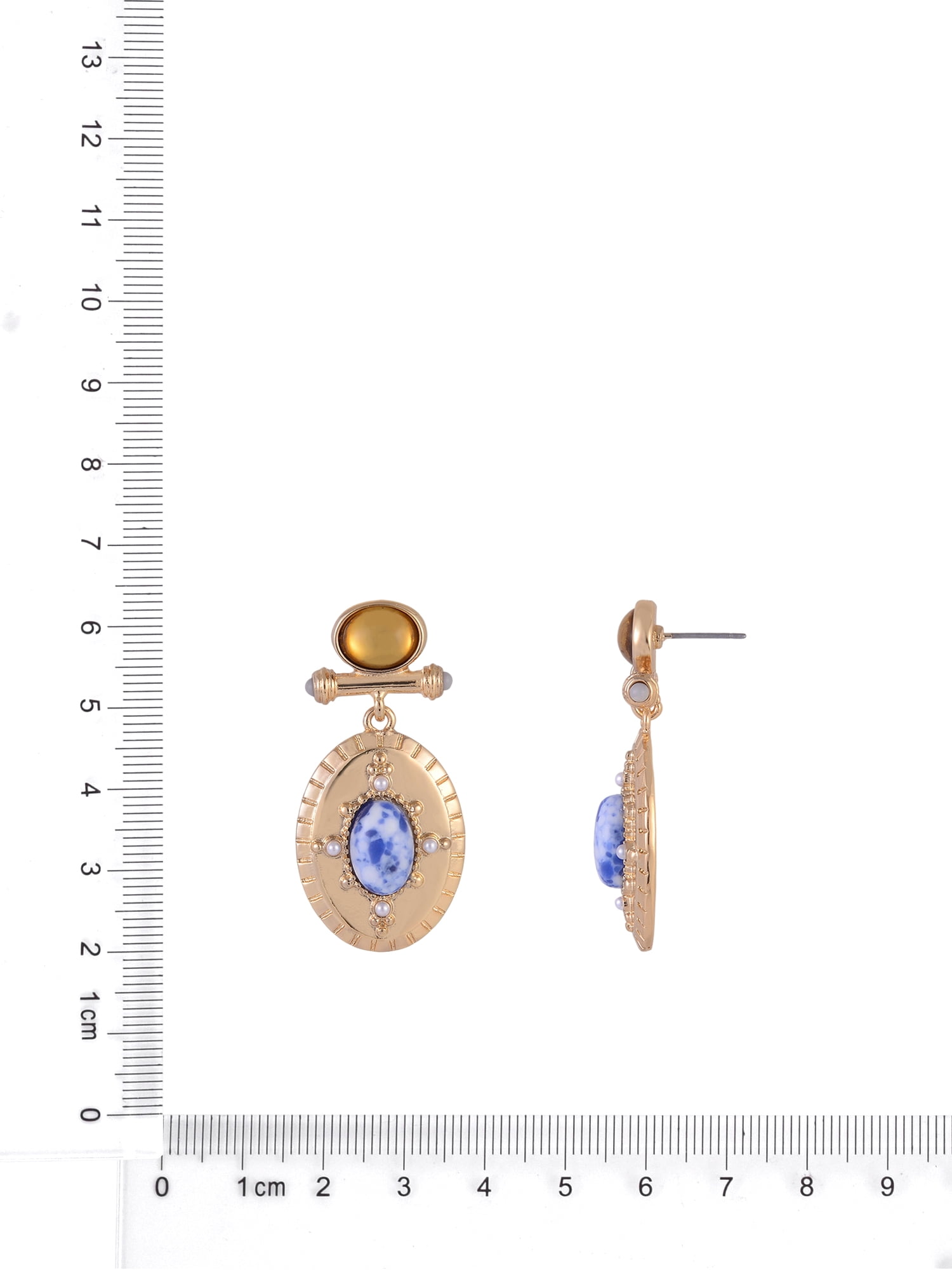Scenario Women's Gold-Tone Bar Drop Earrings with Oval and Faux Sodalite Stones