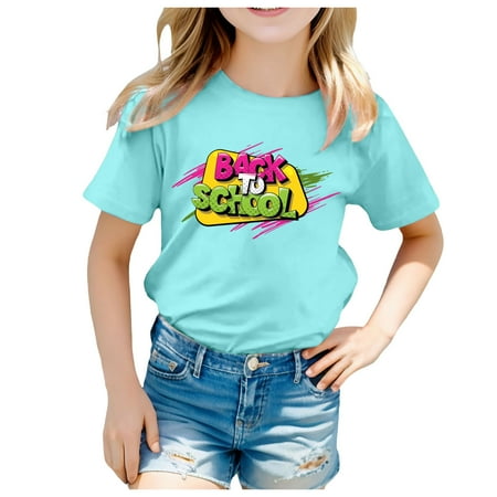 

Girls Shirts 5T Kids School Season Back to School Season Printed Casual Short Sleeve Top T Shirt Girls Fashion D-Light Blue 160