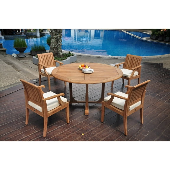 Grade-A Teak Dining Set: 4 Seater 5 Pc: 60" Round Table And 4 Lagos Arm Chairs Outdoor Patio WholesaleTeak #WMLG1