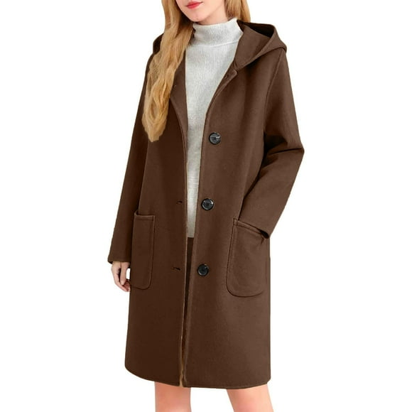 yardsong Single Breasted Pea Coat 2025 Women Blend Thicken Notch Lapel A-Line Winter Jacket Coffee,XL