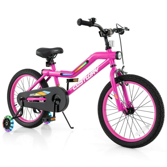 Costway 18" LED Lighted Kids Bike with Adjustable Seat Coaster Brake Training Wheels Pink