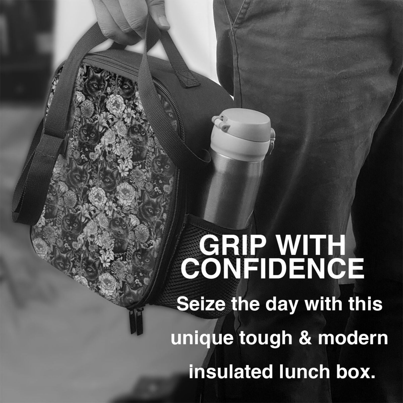 Defioc Black Cats In A Garden Print Lunch Box for Men & Women, Insulated Lunch Bag Thickened Thermal Leakproof Lunch Tote Bag for Adult Office Travel Picnic
