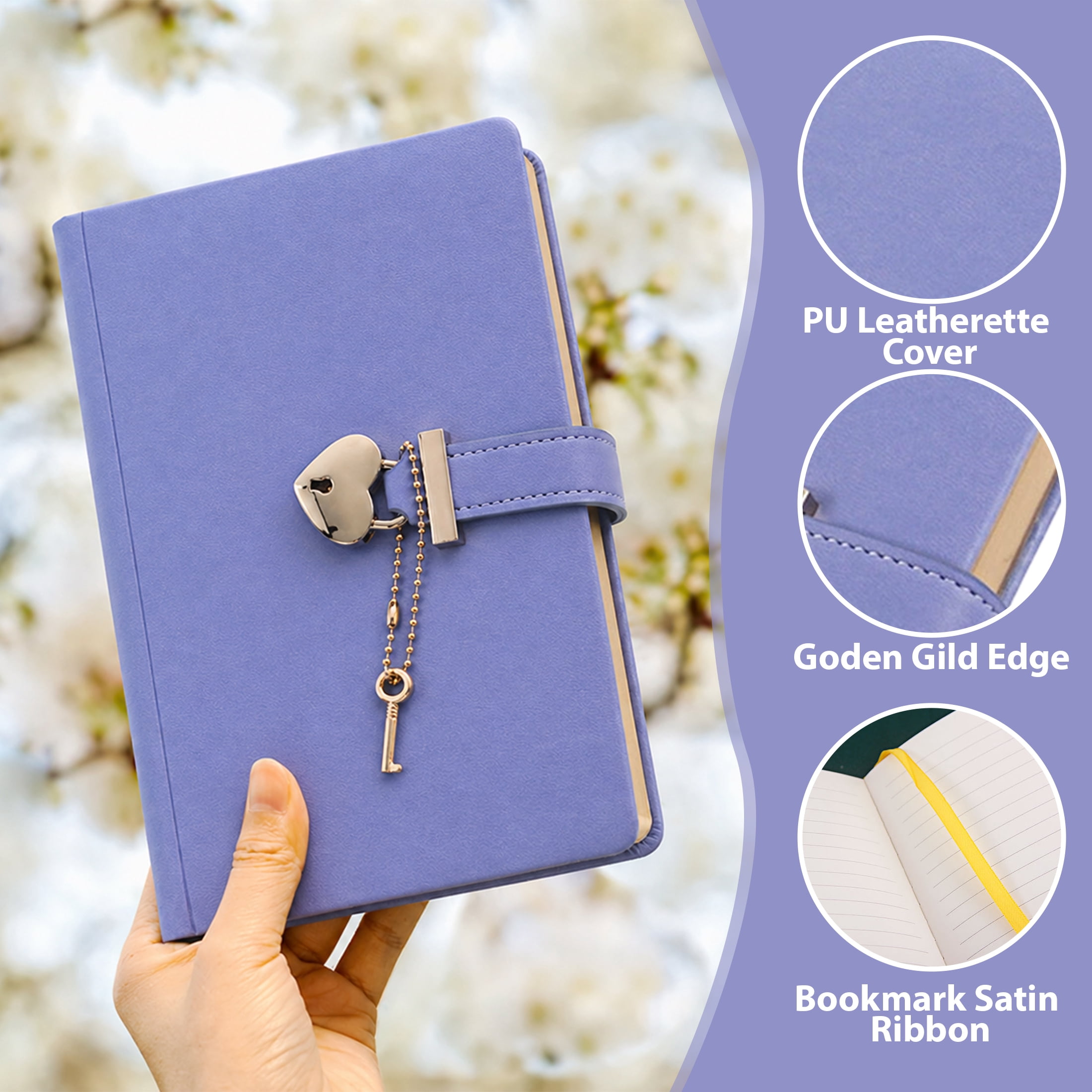 Lock Diary with Keys, B6 PU Leather Journal Notebook with Heart Lock, Lined Writing Journal with 144 Sheets for Personal Writing and Daily Use,Purple
