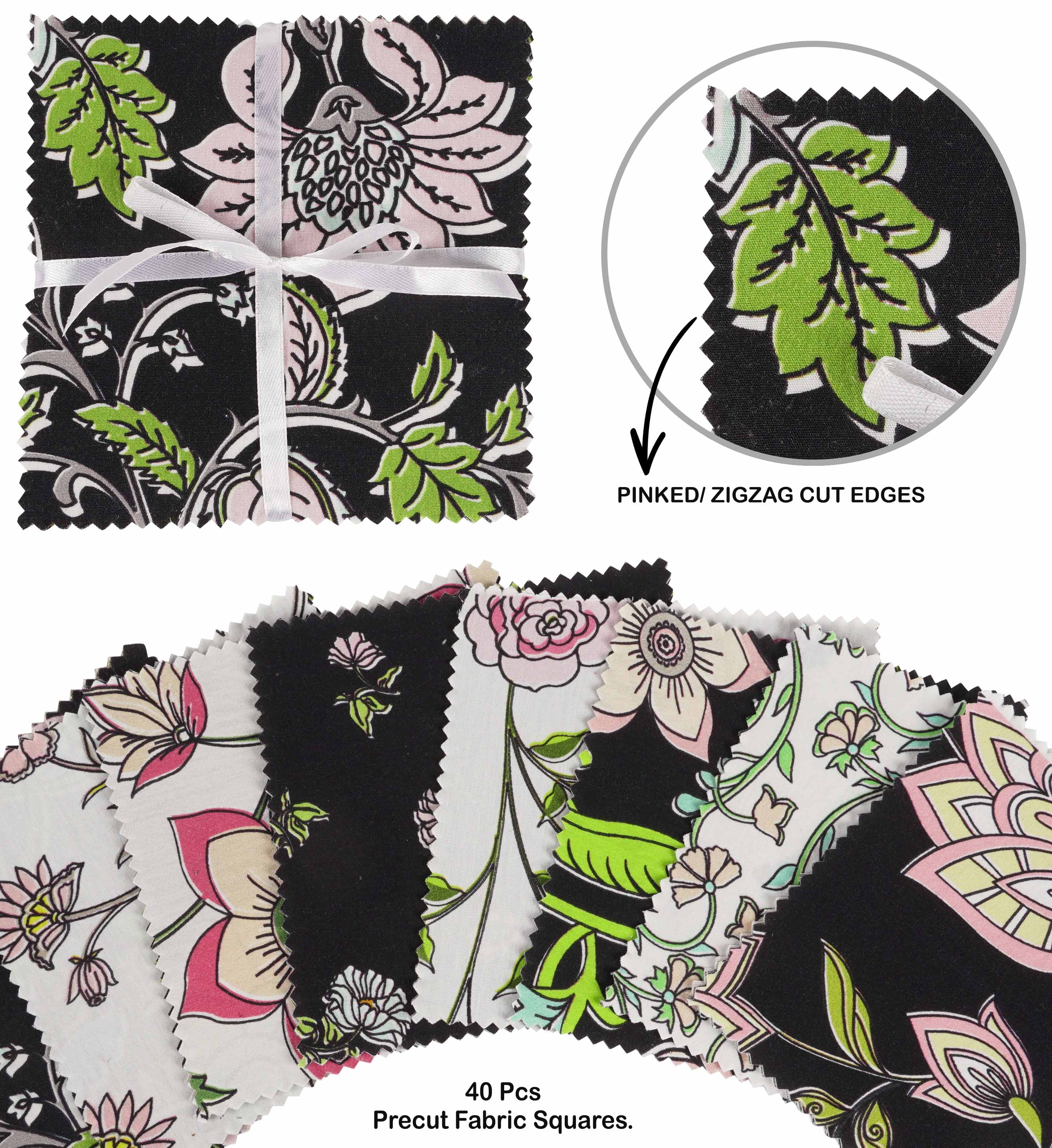 Soimoi Florals Print&nbsp;Precut 10-inch Cotton&nbsp;Fabric&nbsp;Quilting&nbsp;Squares&nbsp;Charm Pack DIY Patchwork Sewing Craft-Black