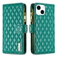 thumbnail image 2 of Wallet Case for iPhone 14, Luxury Stylish Rhombic Pattern PU Leather Protective Flip Folio Phone Cover with Kickstand Bracket Card Slots Magnetic Clasp Wrist Strap Case for iPhone 14,Green, 2 of 9
