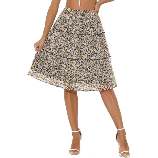 Unique Bargains Women's Floral Chiffon Elastic Waist Layer Ruffle Hem Midi Skirt