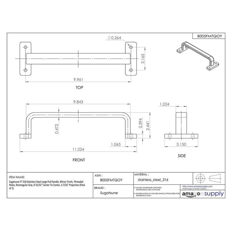 Sugatsune FT-80 Pull Handle, Polished, 2-27/32 in. H