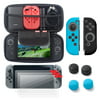 Nintendo Switch 6 items Starter Kit, by Insten Carrying Case Hard Shell Cover + 3-pack LCD Guard + Joy-Con Controller Skin [Left BLUE/Right BLACK] + Joy-Con Thumb Grip Stick Caps for Nintendo Switch