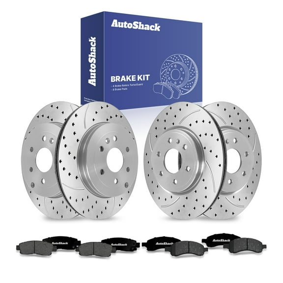 AutoShack Front Vented & Rear Vented Drilled & Slotted Coated Brake Rotors Silver Matte Finish   Premium Ceramic Pads 12-PC Brake Kit Replacement for 2007-2016 GMC Acadia TurboGuard