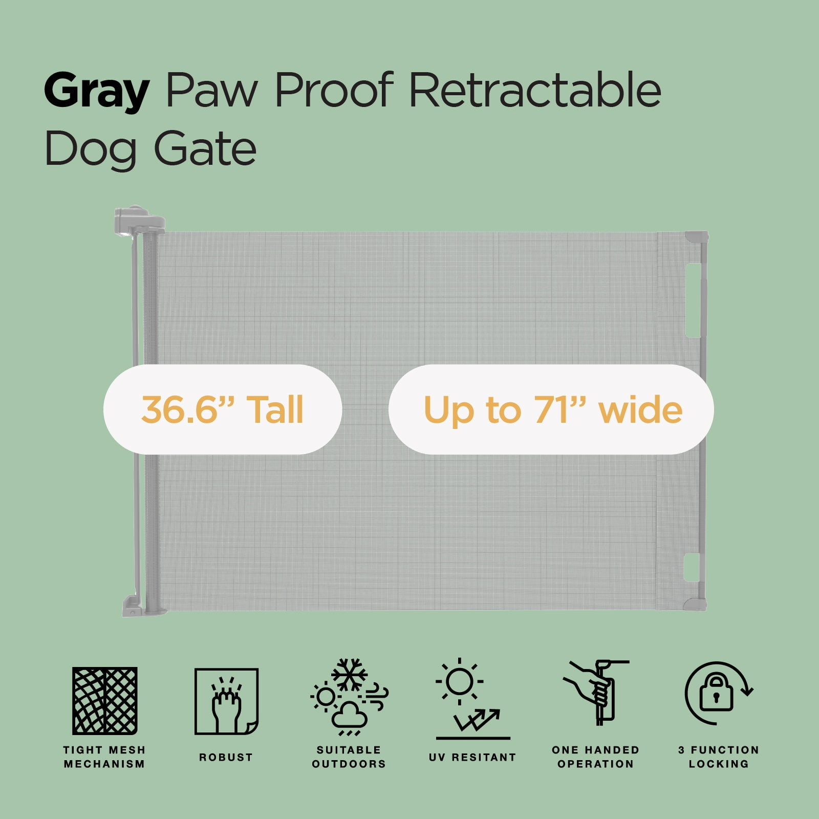 71" Wide Grey Paw Proof Retractable Gate, 3-Way-Locking Mechanism, Indoor/Outdoor Suitable