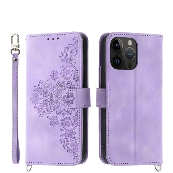 ELEHOLD for iPhone 14 Pro Max Multi-Functional Wallet Case Embossed Flower Pattern Card Slots Kickstand Magnetic Clasp Handstrap Shoulder Strap Shockproof Case 6.7inch,Purple