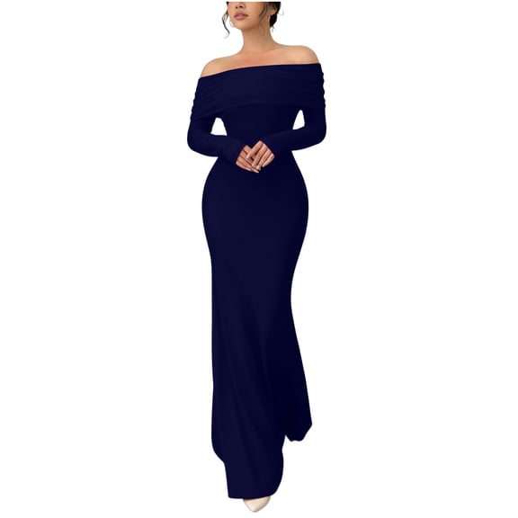 Hduncf Women's Temperament Long Sleeve Off The Shoulder Bodycon Dress Elegant Maxi Dress Cocktail Prom Dresses Blue L