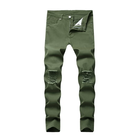 Xiaodriceee Men’ s Ripped Trousers,Solid Color High Waist Pants Pencil Pants for Spring Fall, Red/Army Green/Khaki/Black/White