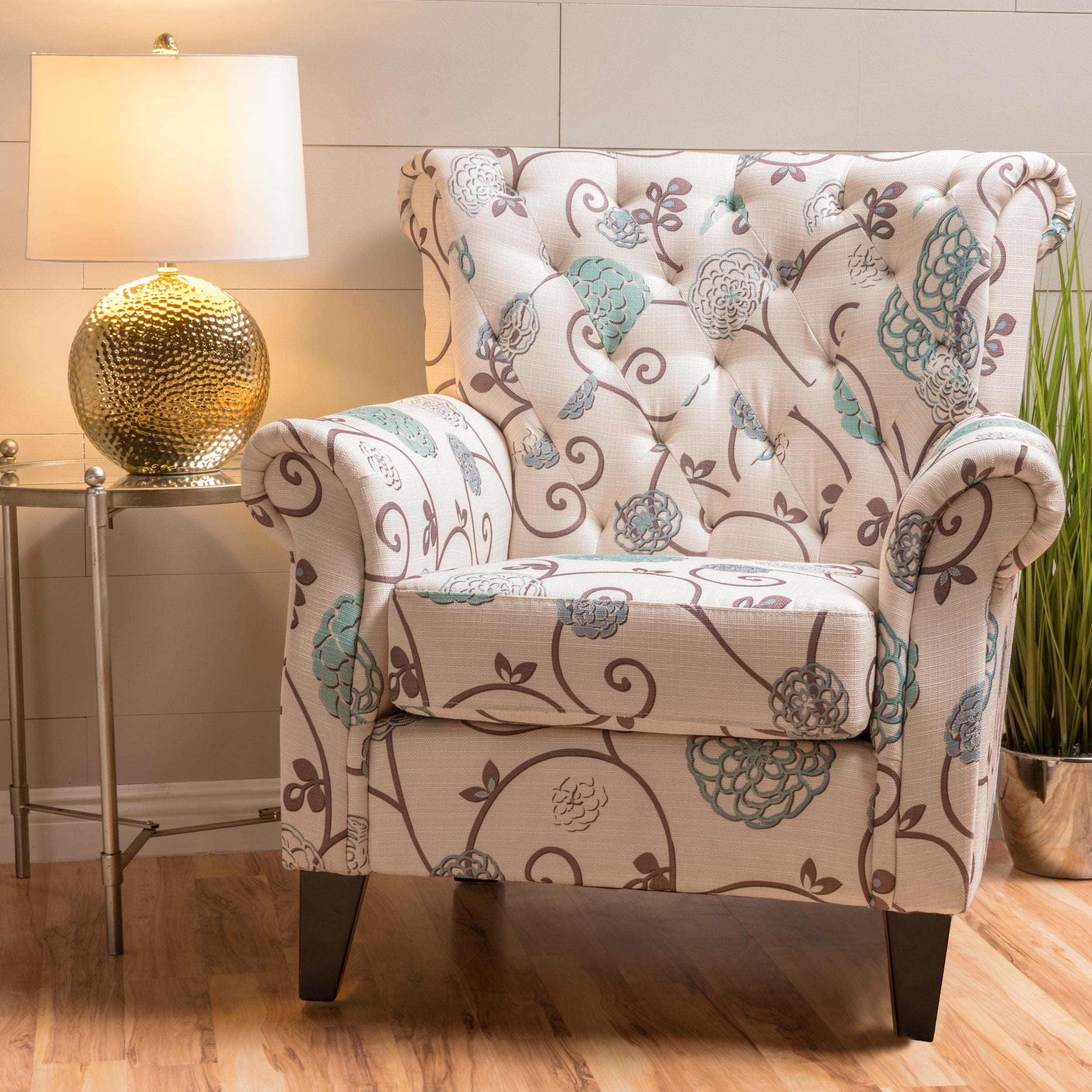 Solvang Floral Fabric Tufted Chair, White and Blue - Walmart.com