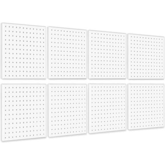 The 8Pcs Pegboard, Peg Board, Metal Pegboard Wall Organizer Panels Accessories, Mount Display Pegboard Kits for Walls Garage Craft Room Office Workshop, Easy Installation (White)