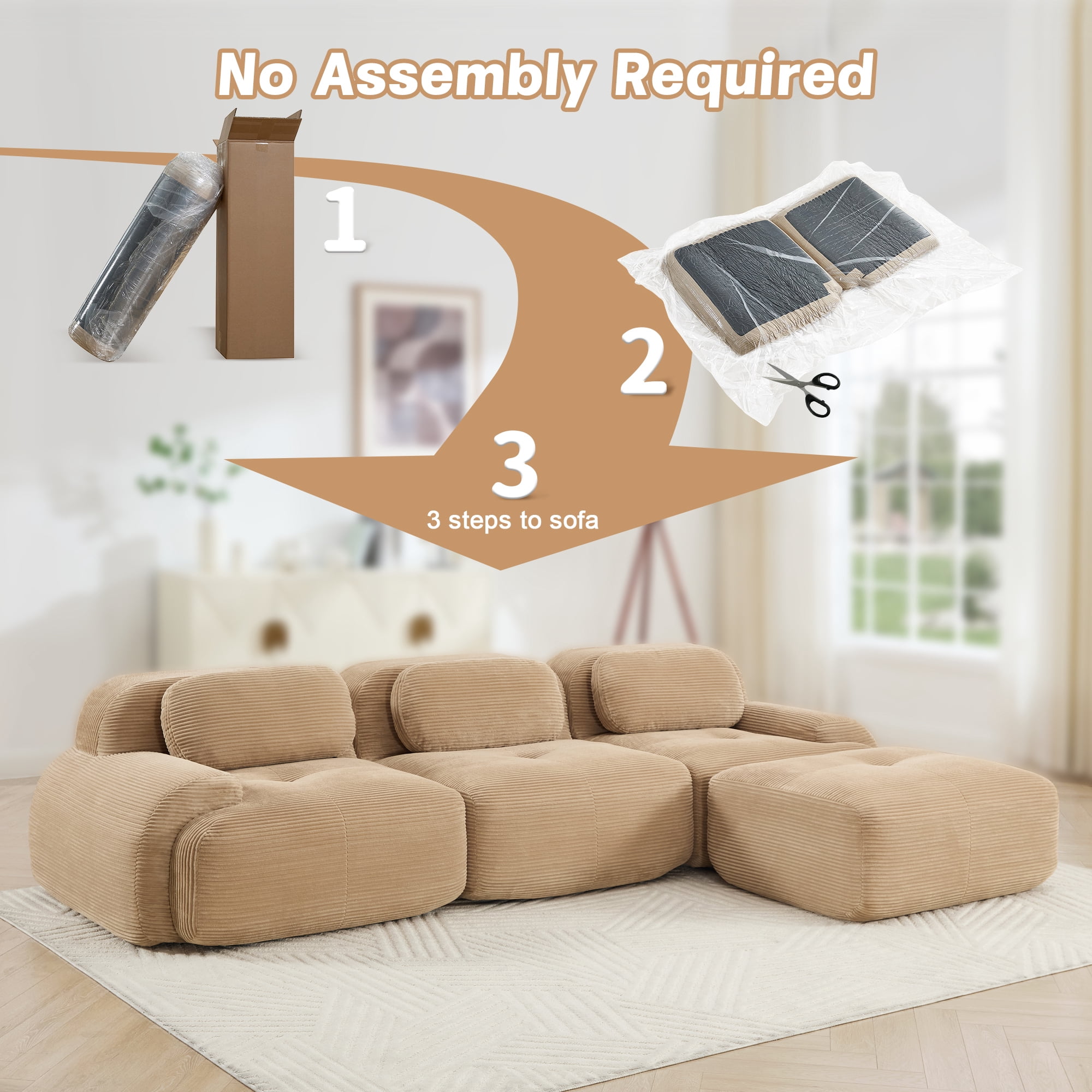 Modular L-Shaped Sectional Sofa with Ottoman, Corduroy 3-Seater Ergonomic Sofa Couch with Curved Armrests for Living Room Bedroom