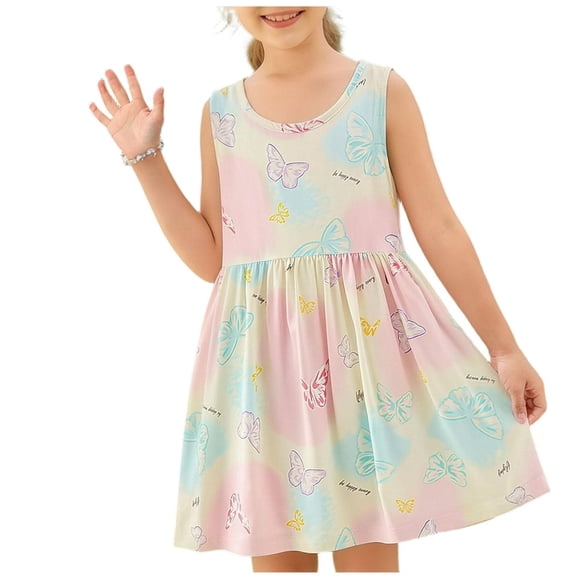 CYRBOKO Girls Sundresses, Sleeveless Casual A-line Printed Summer Dresses Multicolor Size 7-8 T