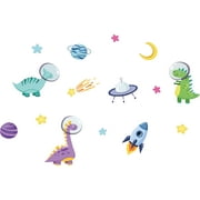 Vinyl Kids Bedroom Nursery 13" x 20" Space Dinosaurs Multicolored Decor Design Removable Wall Decal Sticker - Home Living Room Outer Space Background Cartoon Style Art Adhesive Wall Decoration
