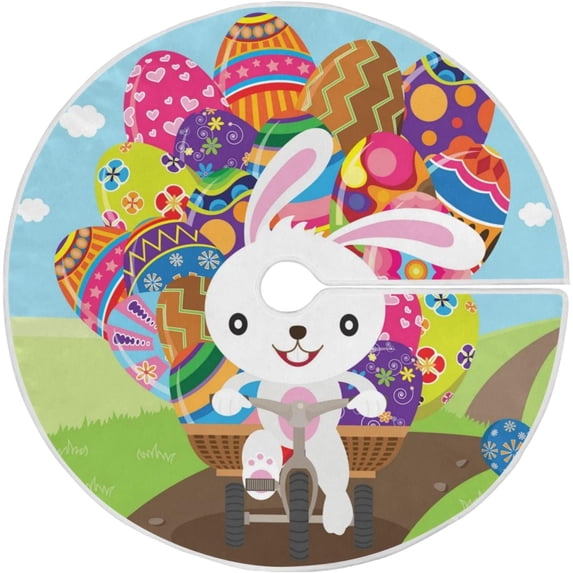 FMSHPON Easter Cute Little Bunny Rabbit Easter Colorful Eggs Xmas Christmas Tree Skirt Stand Mat for Holiday Party Decoration Indoor Outdoor 48 inches