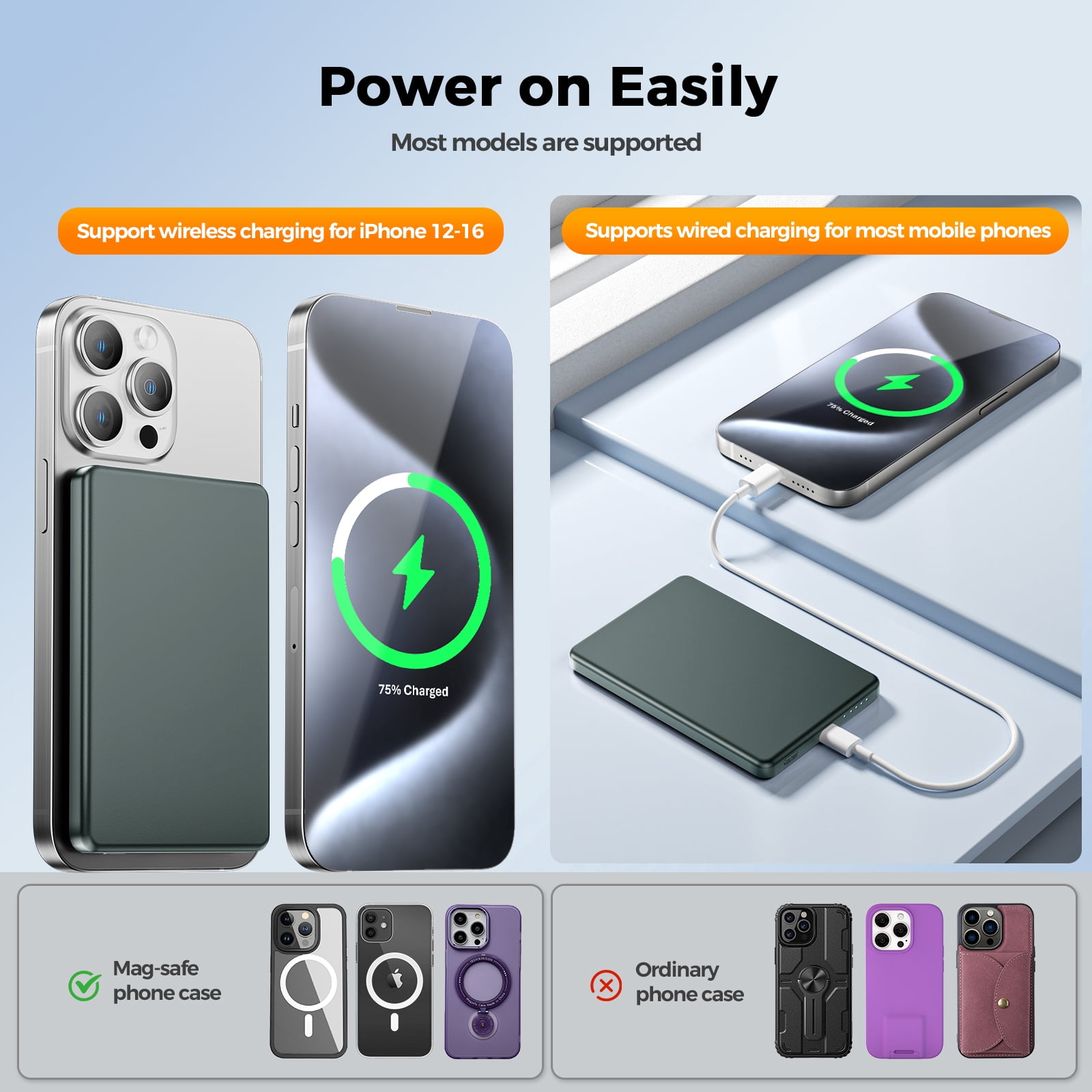 0.3" Ultra Slim MagSafe Portable Charger iPhone, 5000mAh Magnetic Wireless Portable Charger with Fast Charging, Slim MagSafe Battery Pack for iPhone 16 Pro Max/16 Pro/16/15/14/13/12, Grey