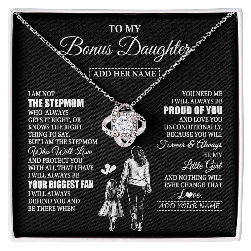 Bonus Daughter Biggest Fan Stepmom Necklace, White Love Knot Necklace
