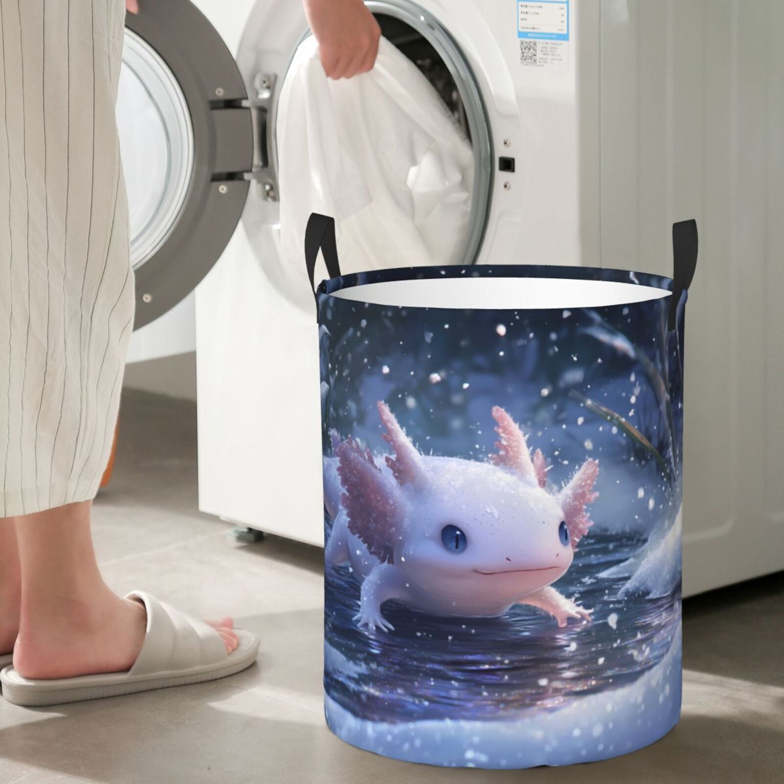 Large Laundry Basket with Handles - Winter Axolotl in Frozen Pond B Kids Baby Dirty Clothes Laundry Hamper for Bedroom Aesthetic