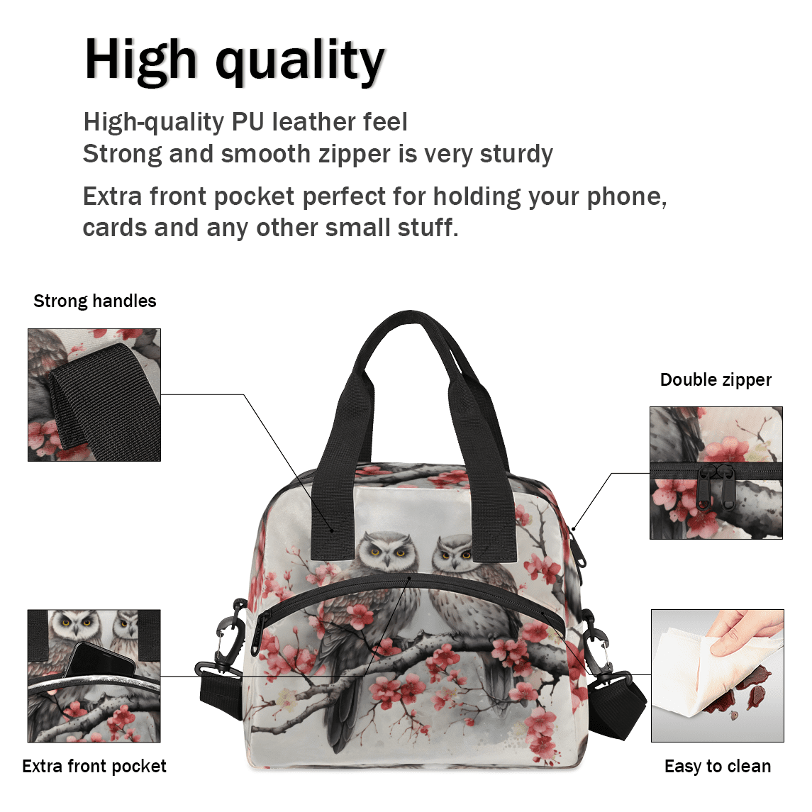 Herdesigns Vintage Birds Insulated Lunch Bag for Women Men Adults Large Reusable Lunch Box Owl Leakproof Cooler Tote Bags with Adjustable Shoulder Strap