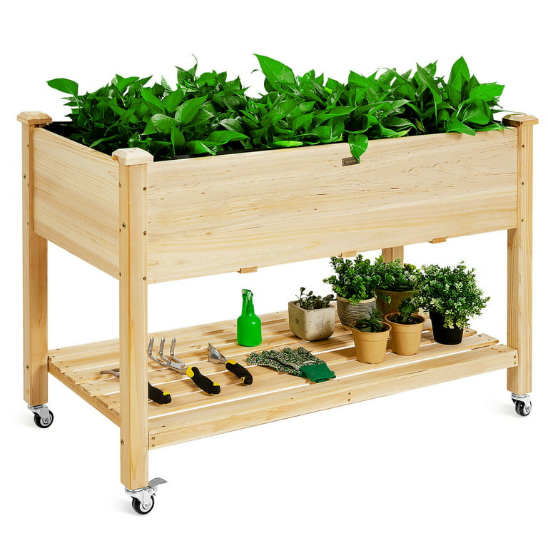Gymax Raised Garden Bed Wood Elevated Planter Bed w/Lockable Wheels Shelf & Liner