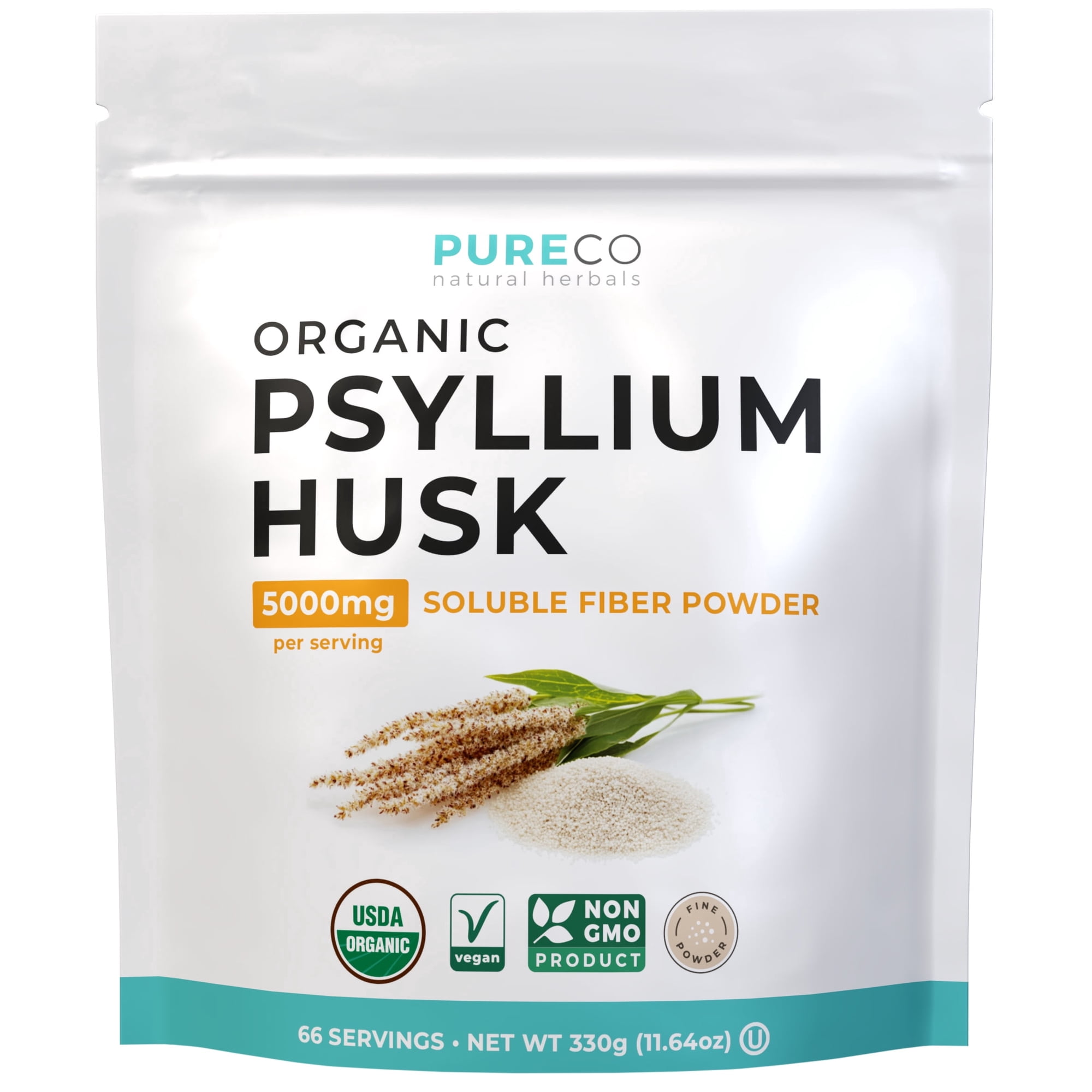 PURE CO Organic Psyllium Husk Powder, Finely Ground Whole Psyllium Husk Fiber Powder for Baking Smoothies & More, Vegan & Gluten-Free, 66 servings