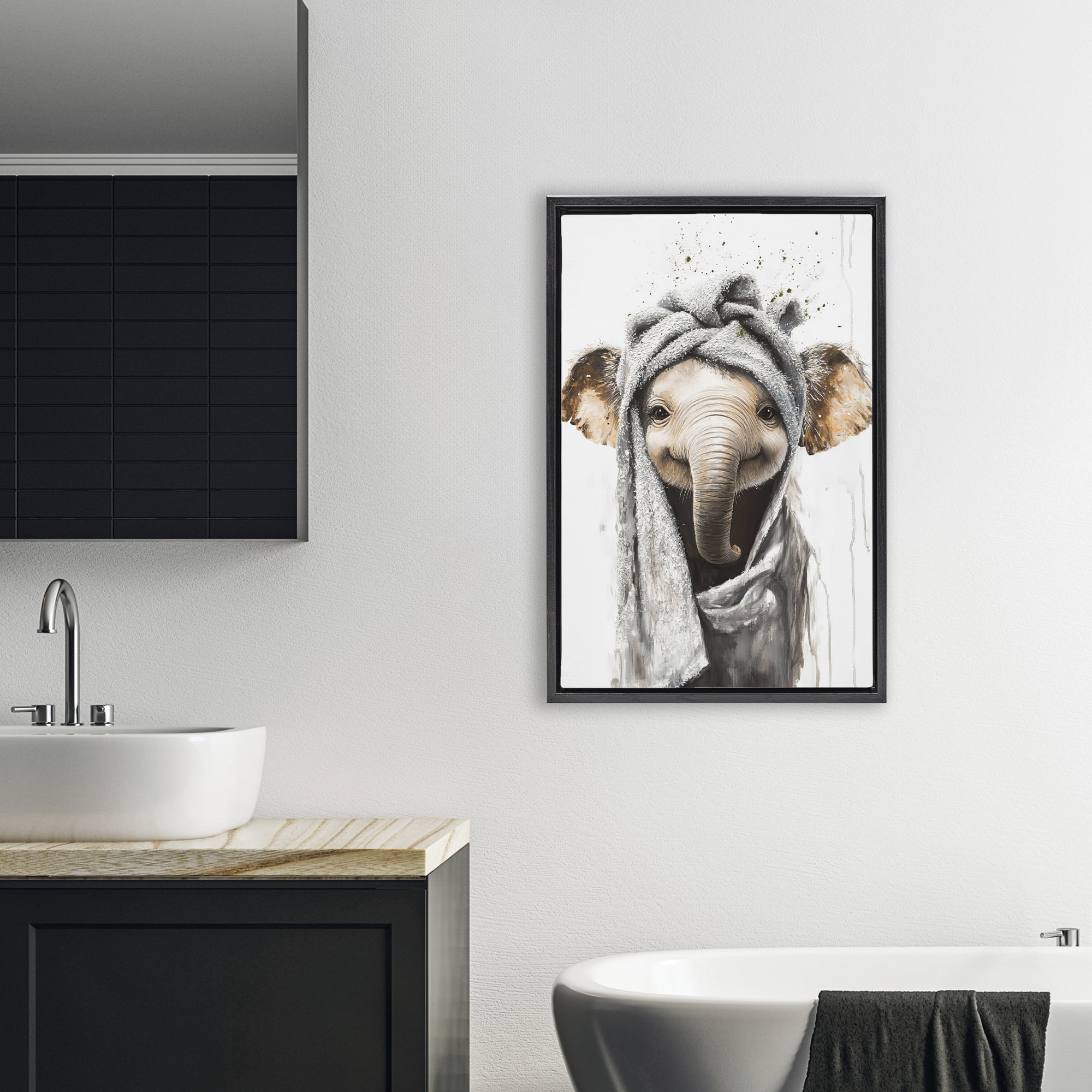Stupell Industries Squeaky Clean Elephant Black Framed Floater Canvas Wall Art, design by Tina LeCour