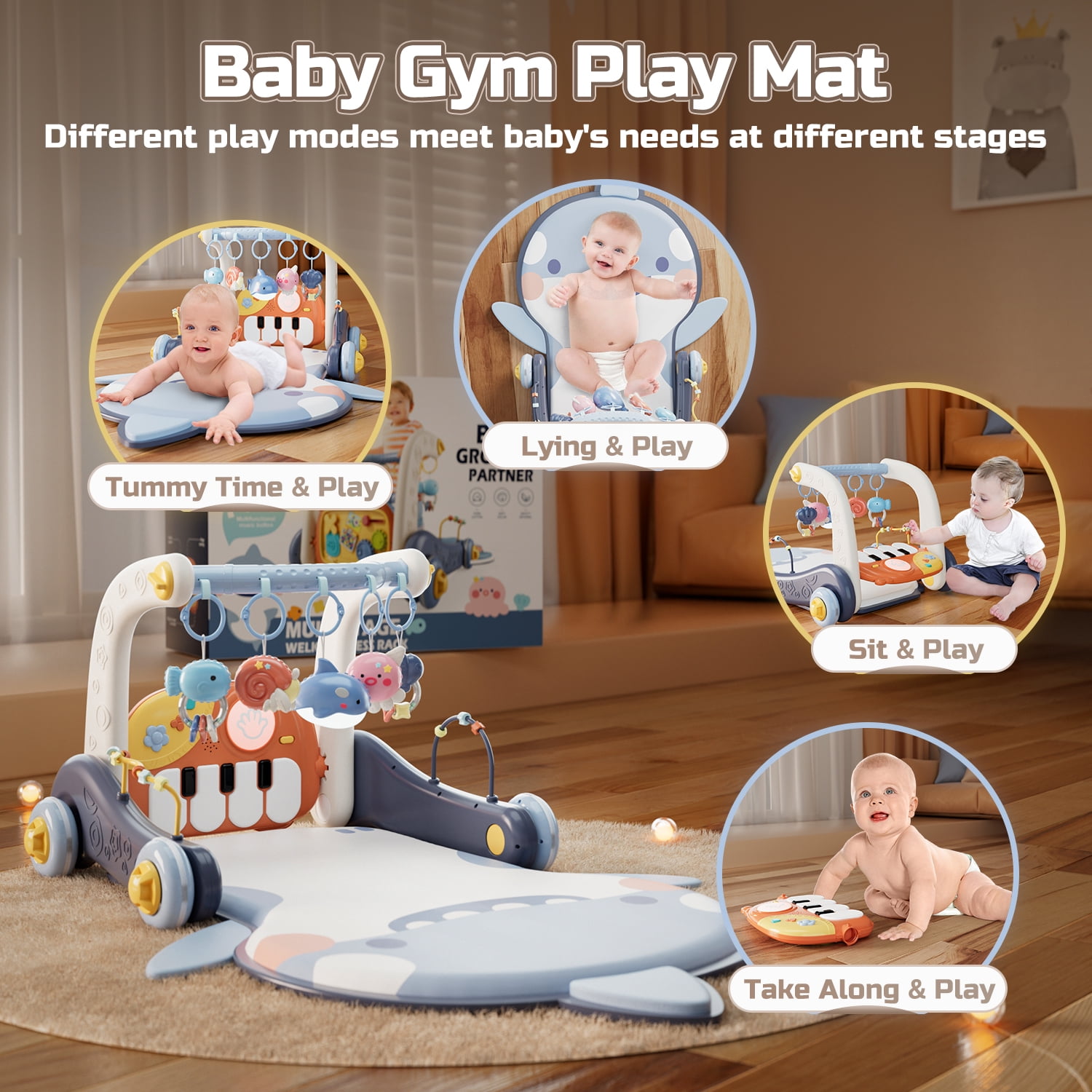 JoyStone 4 in 1 Baby Gym Play Mat & Baby Learning Walker, Activity Mat with Kick and Play Piano for Infant Newborn, Gift 0-12 Months