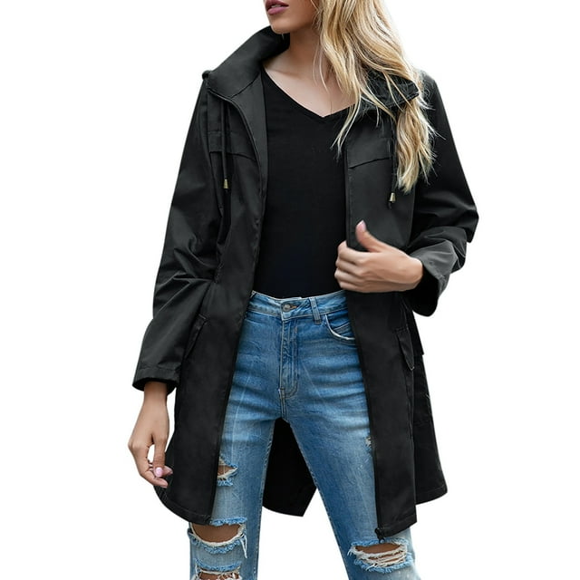 YOUSNH Veste de Pluie à Capuche pour Femmes Automne Hiver avec Taille Ajustable Manteau d'Escalade Léger pour Randonnée et Voyage Veste de Pluie Noire TG