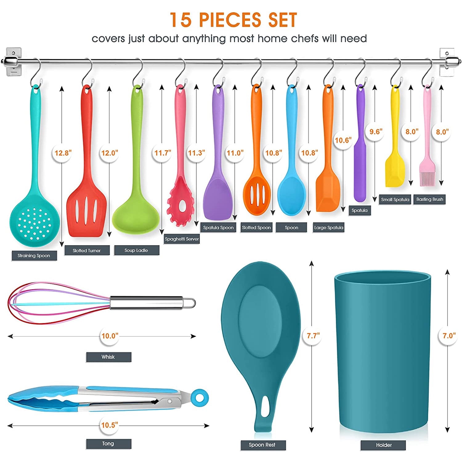 Vesteel 15 Piece Kitchen Utensils Set, Silicone Cooking Utensils with Holder, Non-Stick Cookware Friendly & Heat Resistant - Colorful