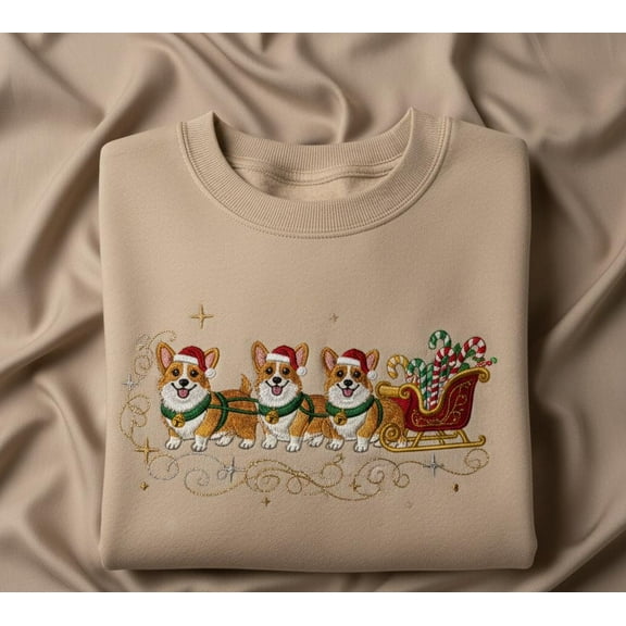 Corgi Christmas Embroidered Sweatshirt – Holiday Dog Sleigh Ride Santa Hat Candy Cane Cozy Winter Crewneck Gift for Pet Lovers