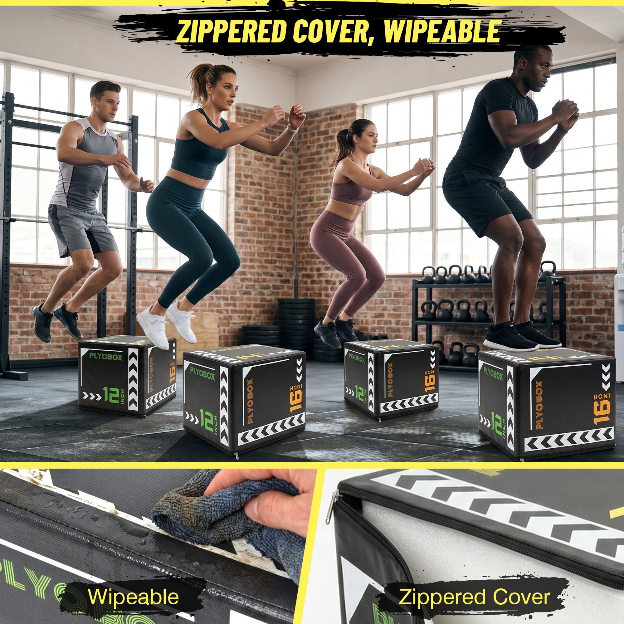 Leumius 3-in-1 Foam Plyometric Jump Box for Home Gym,12/14/16 Inch Multiple Height Options,Versatile Plyo with Non-Slip Surface for Strength, HIIT, Step-Ups, and Agility Training,Black