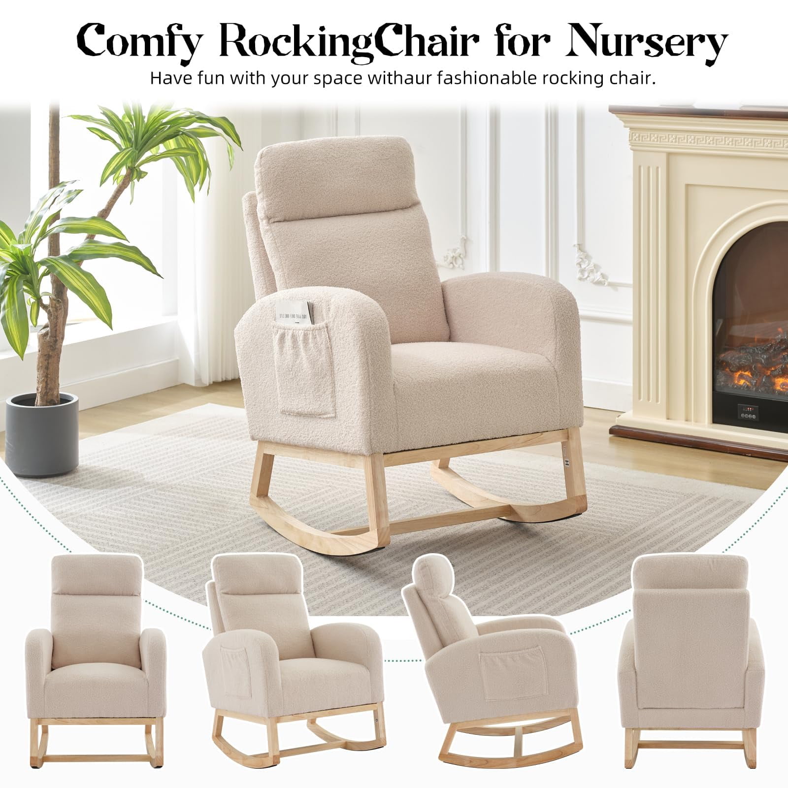 Nursery Glider Rocking Chair with Side Pocket - High Back Rocking Armchair with Rubber Wood Legs, Accent Chair for Living Room, Bedroom, Nursing Room, Nursery